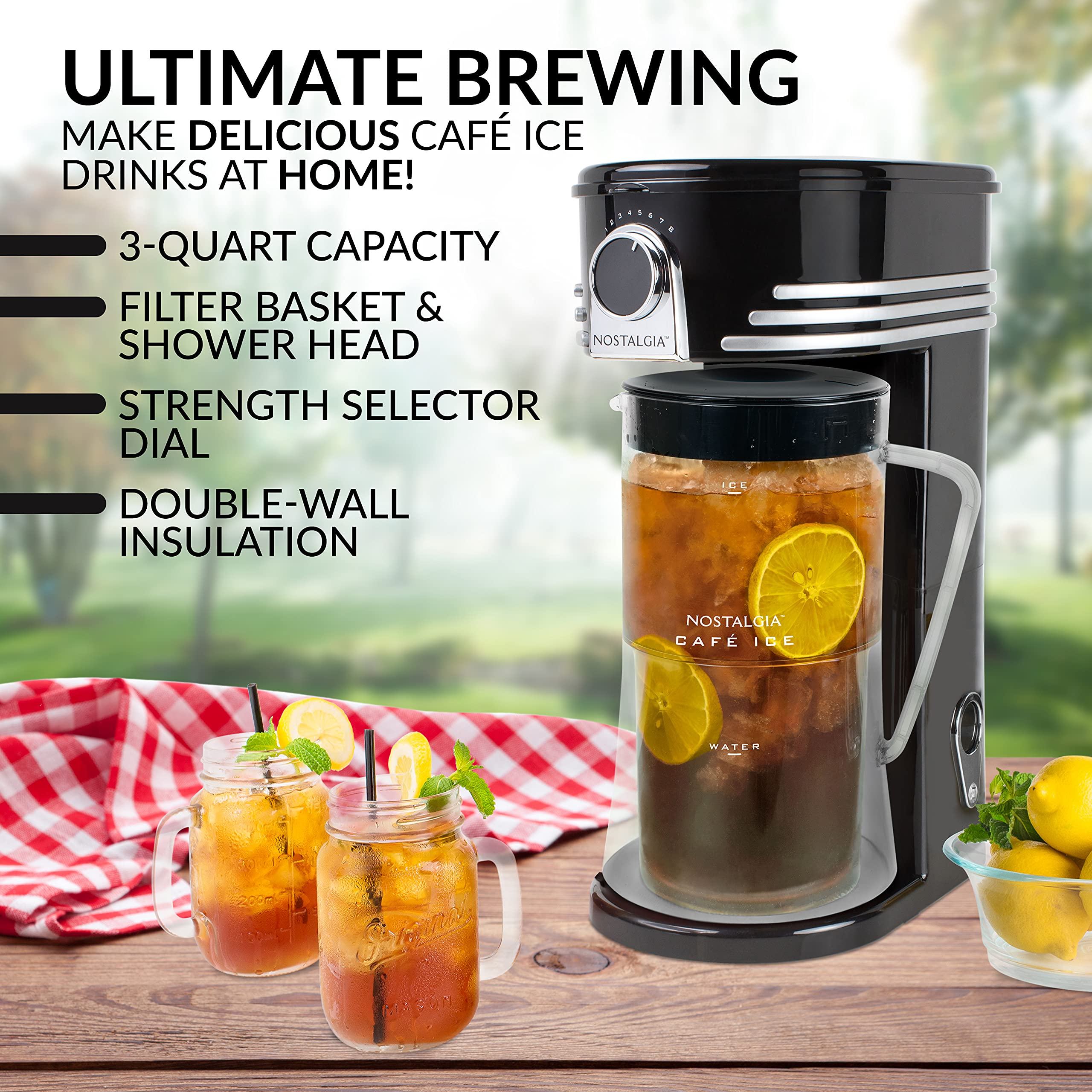 Nostalgia 3-Quart Iced Tea & Coffee Brewing System With Double-Insulated Pitcher, Strength Selector & Infuser Chamber, Also Perf